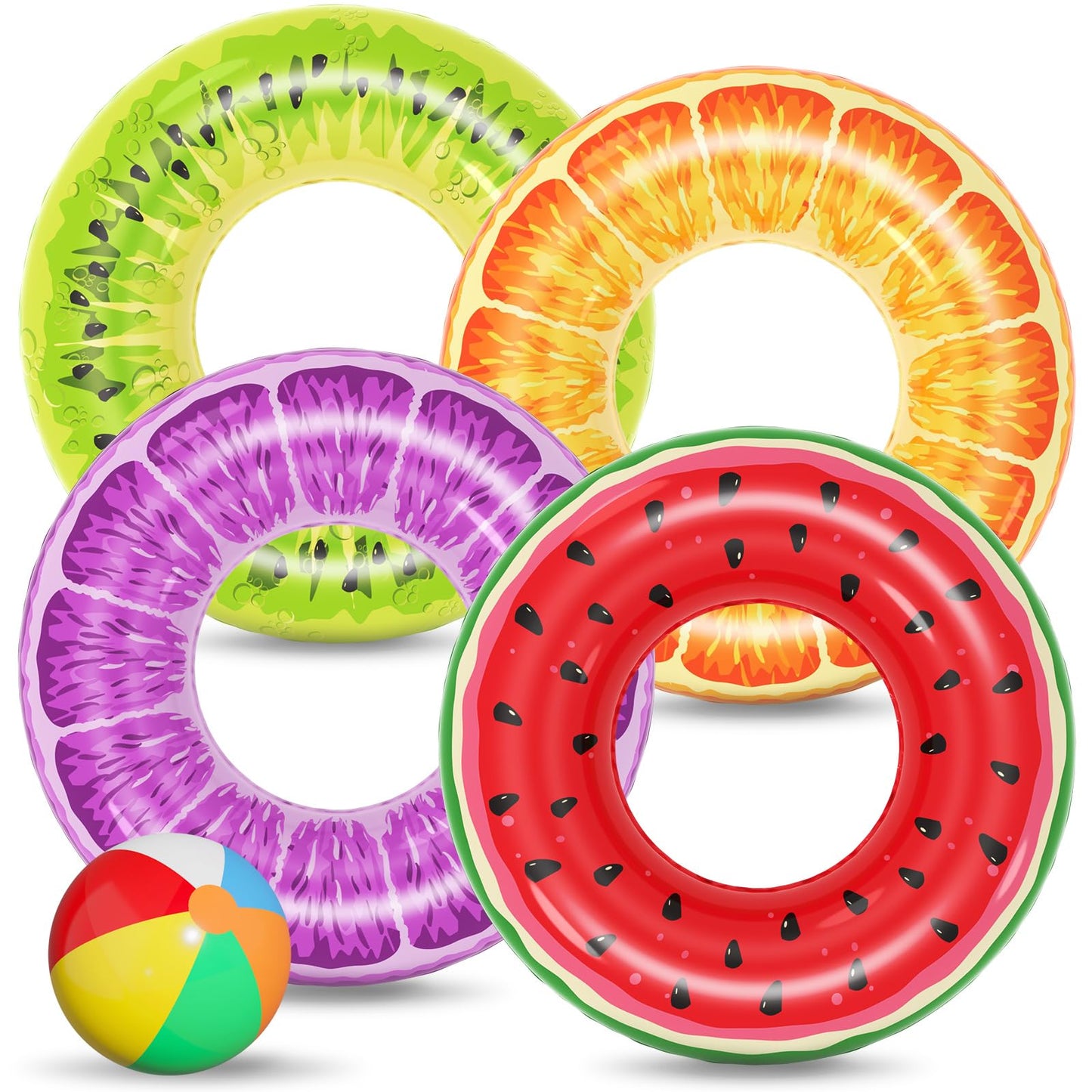 Jasonwell 4-Pack Fruit Pool Floats | Watermelon, Kiwi, Orange, Grape – Inflatable Pool Tubes & Swim Rings
