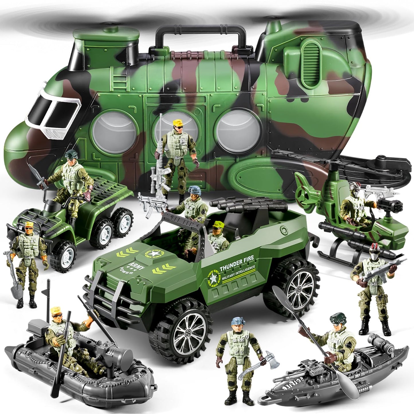 JASSKKBO 56-in-1 Army Men Toys Set for Boys 4-12 – Helicopter, Truck, Kayak, Motorcycle, Figures & Gears