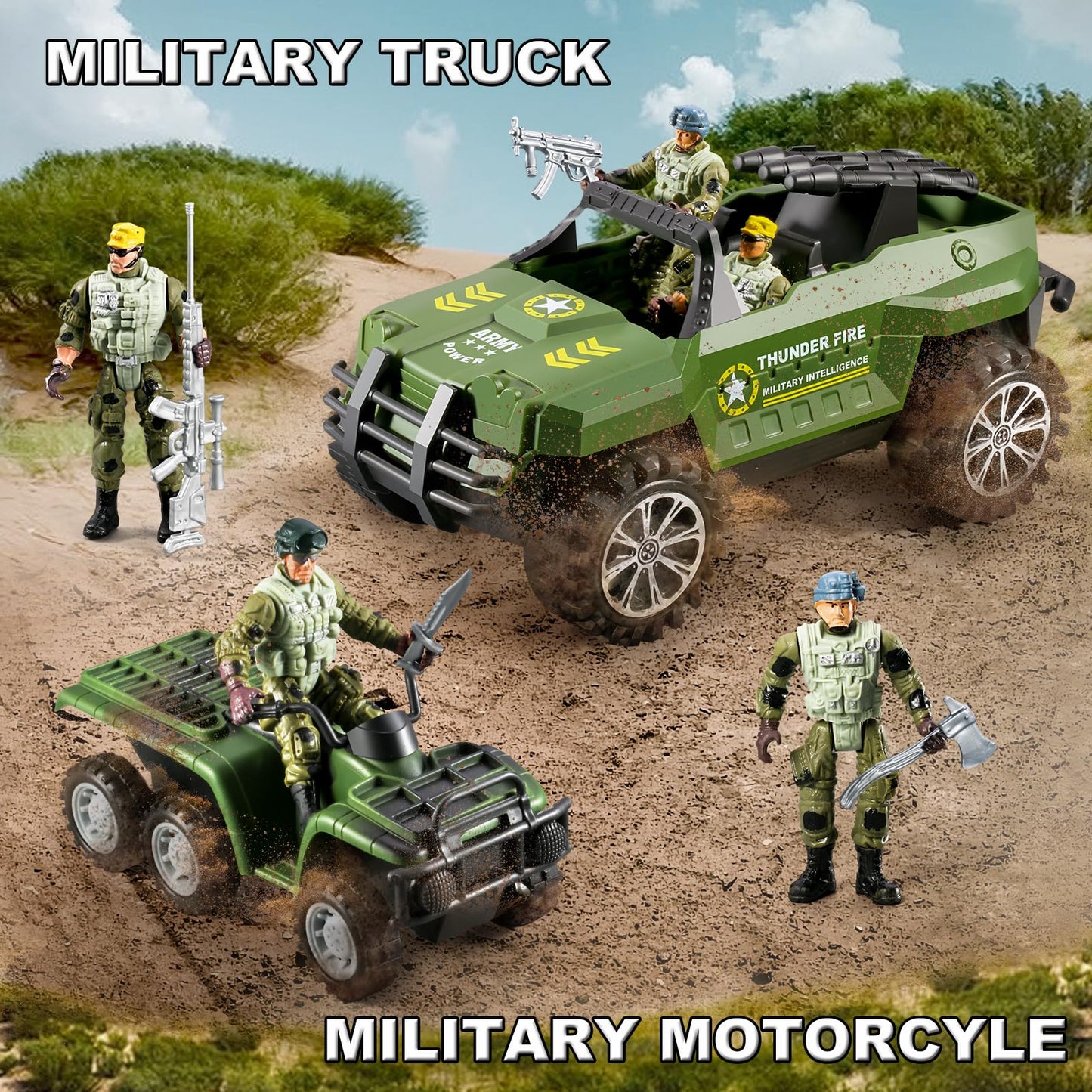 JASSKKBO 56-in-1 Army Men Toys Set for Boys 4-12 – Helicopter, Truck, Kayak, Motorcycle, Figures & Gears