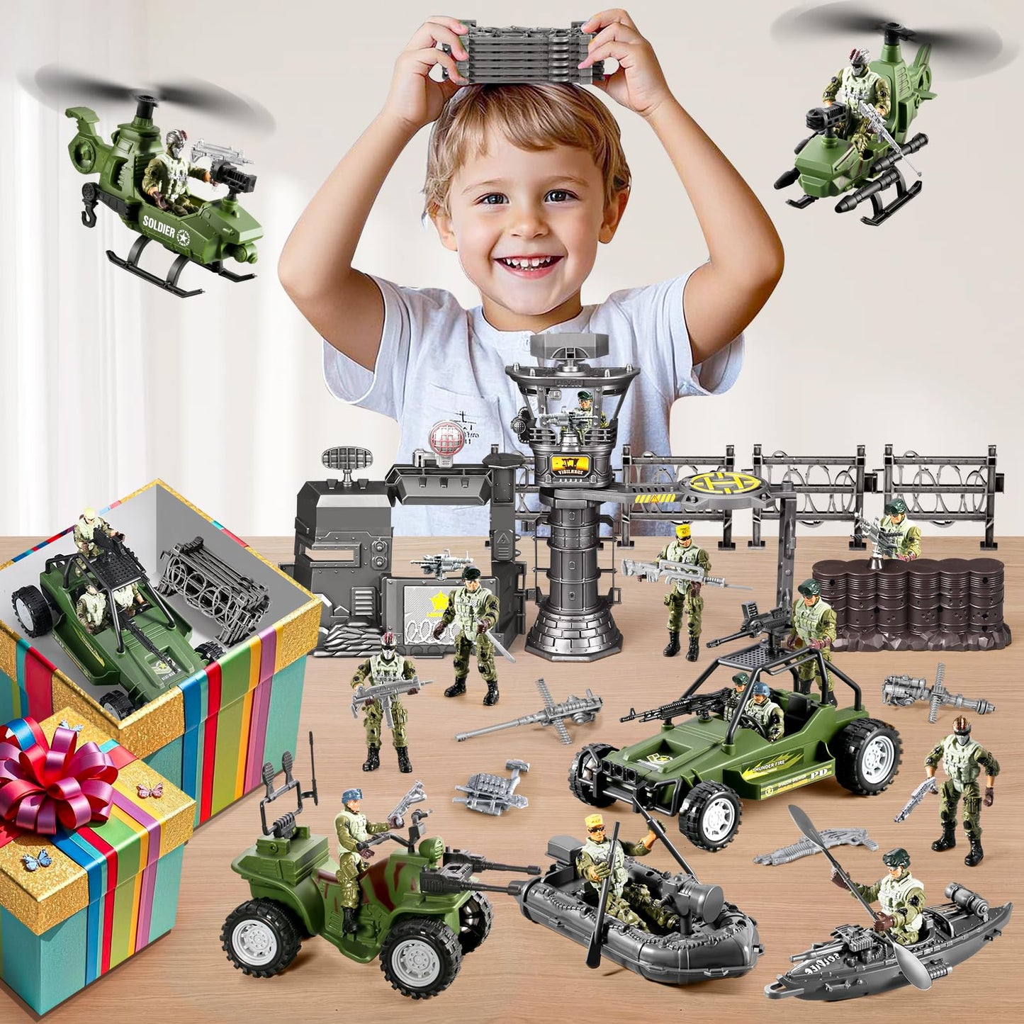 JASSKKBO 87-in-1 Army Men Toys Set for Boys 4-12 | Base, Truck, Helicopter & More