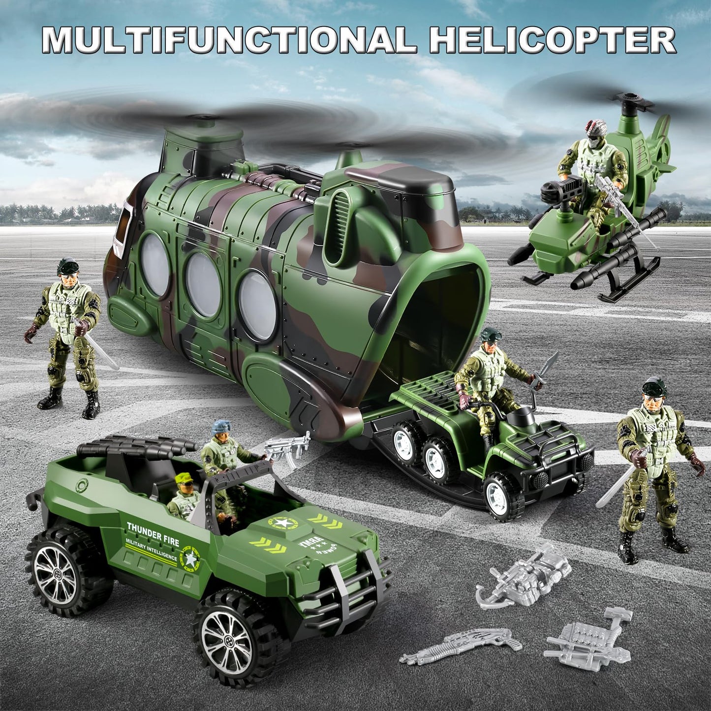 JASSKKBO 56-in-1 Army Men Toys Set for Boys 4-12 – Helicopter, Truck, Kayak, Motorcycle, Figures & Gears
