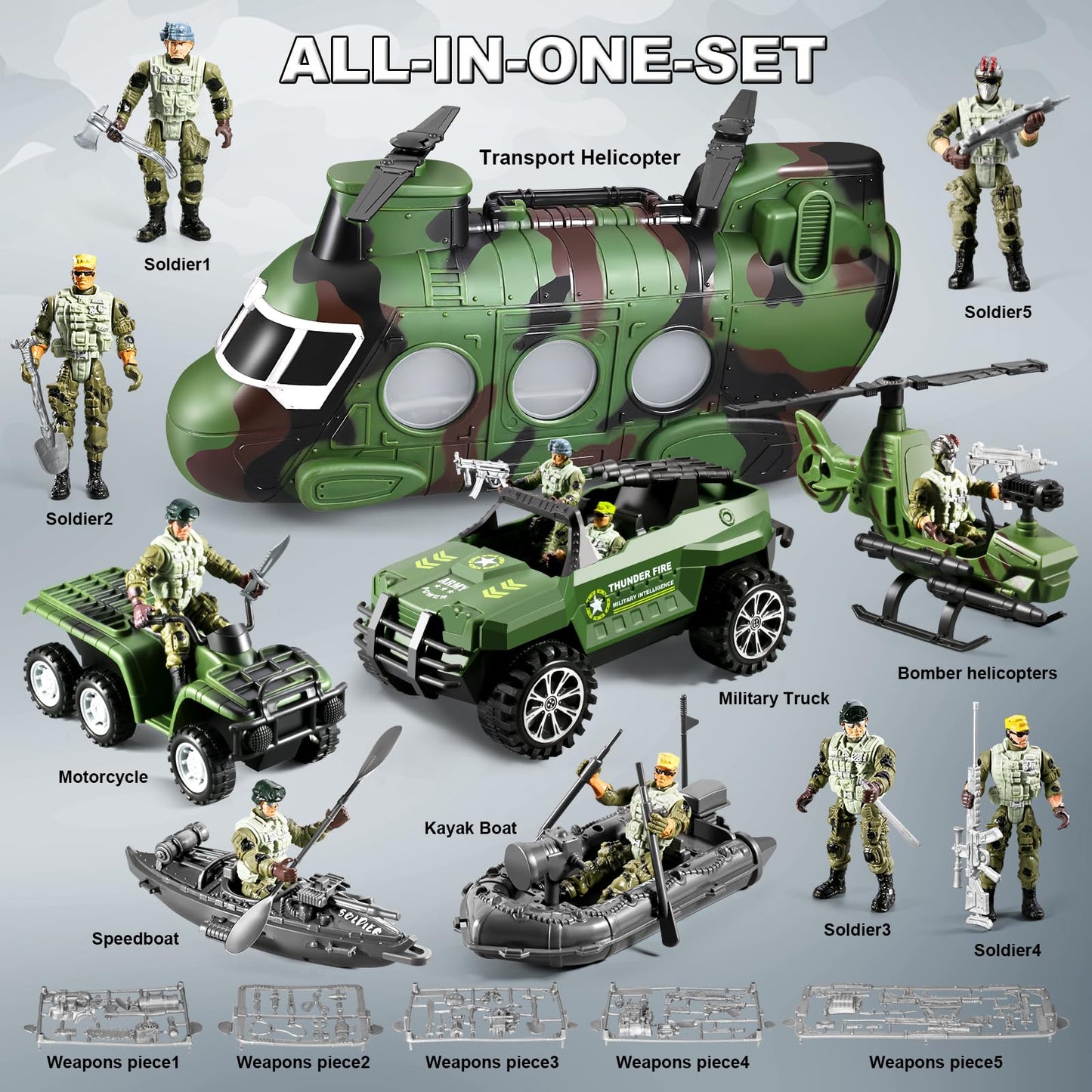 JASSKKBO 56-in-1 Army Men Toys Set for Boys 4-12 – Helicopter, Truck, Kayak, Motorcycle, Figures & Gears