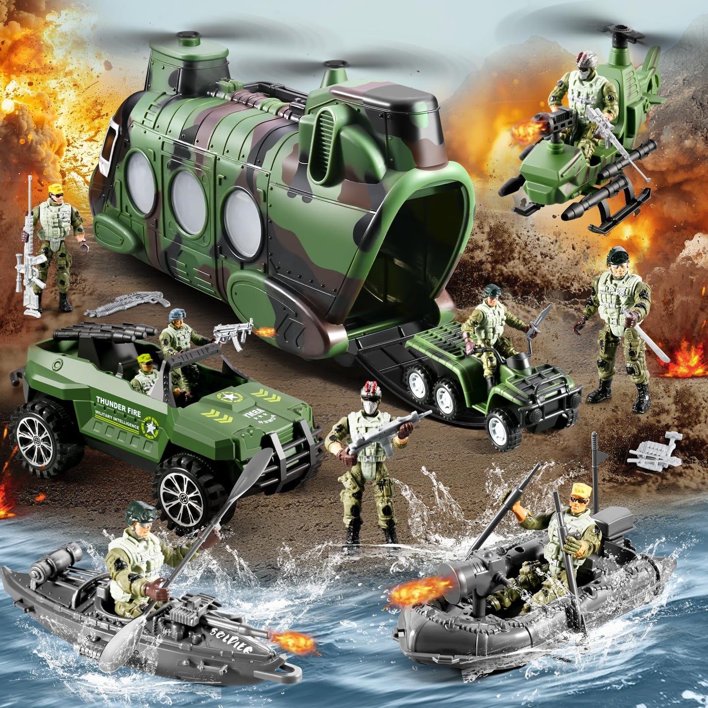 JASSKKBO 56-in-1 Army Men Toys Set for Boys 4-12 – Helicopter, Truck, Kayak, Motorcycle, Figures & Gears