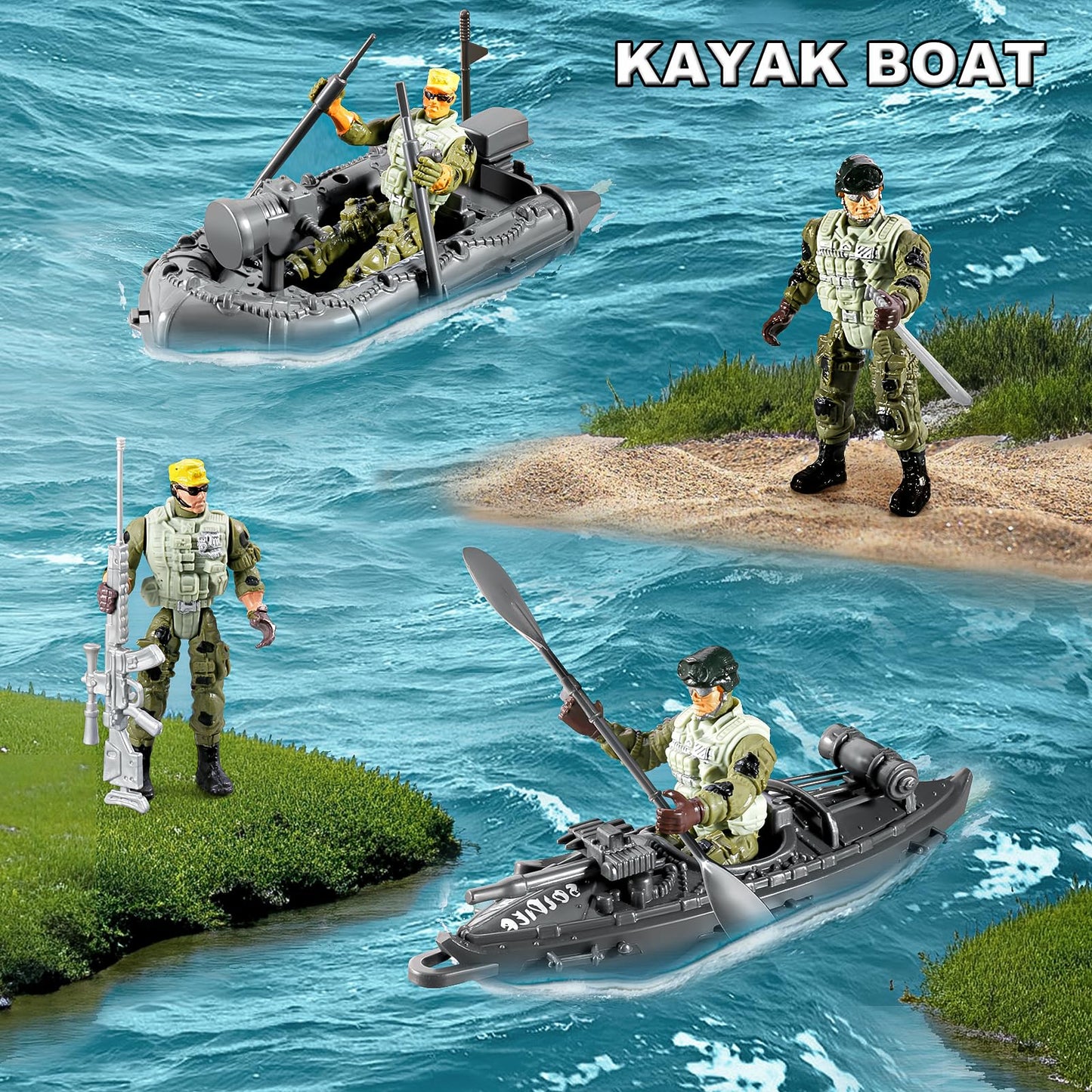JASSKKBO 56-in-1 Army Men Toys Set for Boys 4-12 – Helicopter, Truck, Kayak, Motorcycle, Figures & Gears