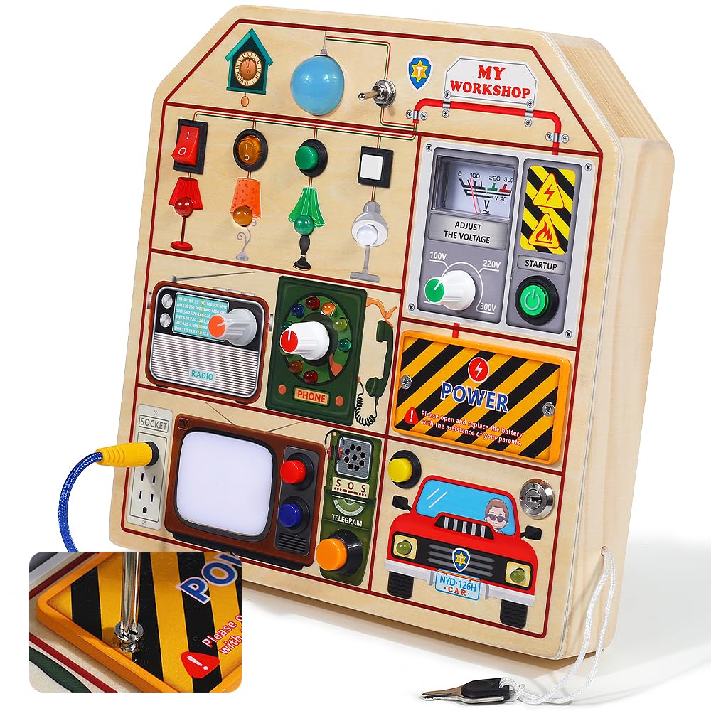 JAUNTY Montessori Wooden Busy Board for Toddlers | LED Light Switches & Role-Play Toys