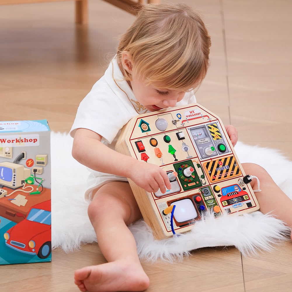 JAUNTY Montessori Wooden Busy Board for Toddlers | LED Light Switches & Role-Play Toys