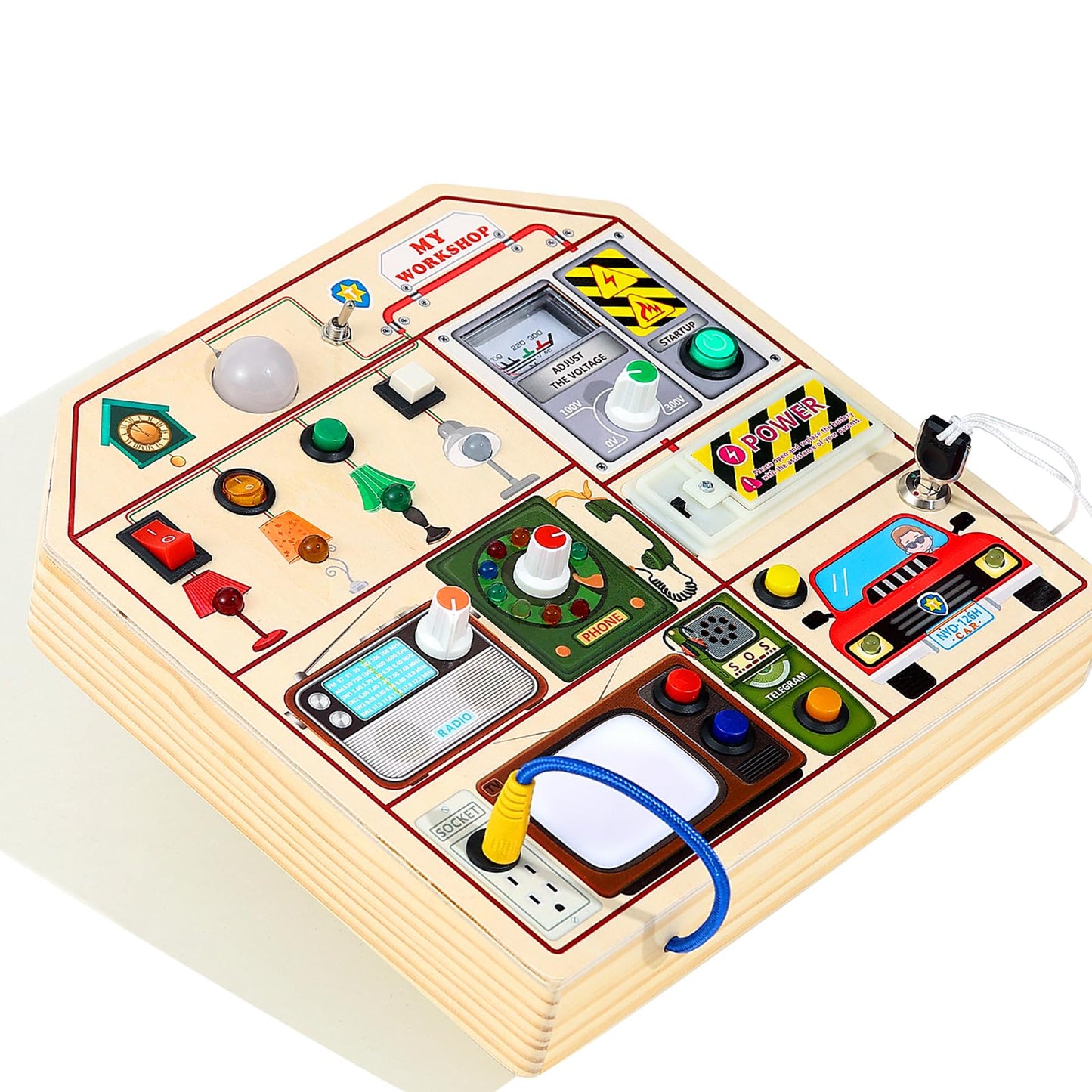 JAUNTY Montessori Wooden Busy Board for Toddlers | LED Light Switches & Role-Play Toys