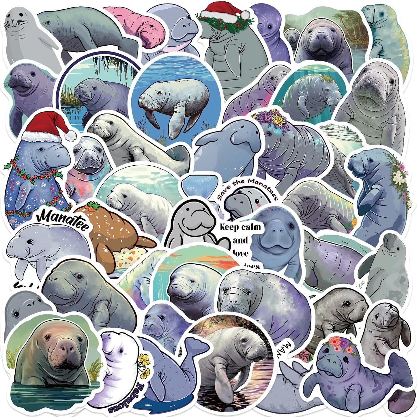 Jaurney Cute Manatee Waterproof Stickers – 50Pcs Vinyl Decals for Water Bottles & Gear