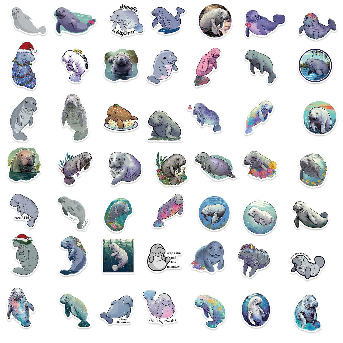 Jaurney Cute Manatee Waterproof Stickers – 50Pcs Vinyl Decals for Water Bottles & Gear