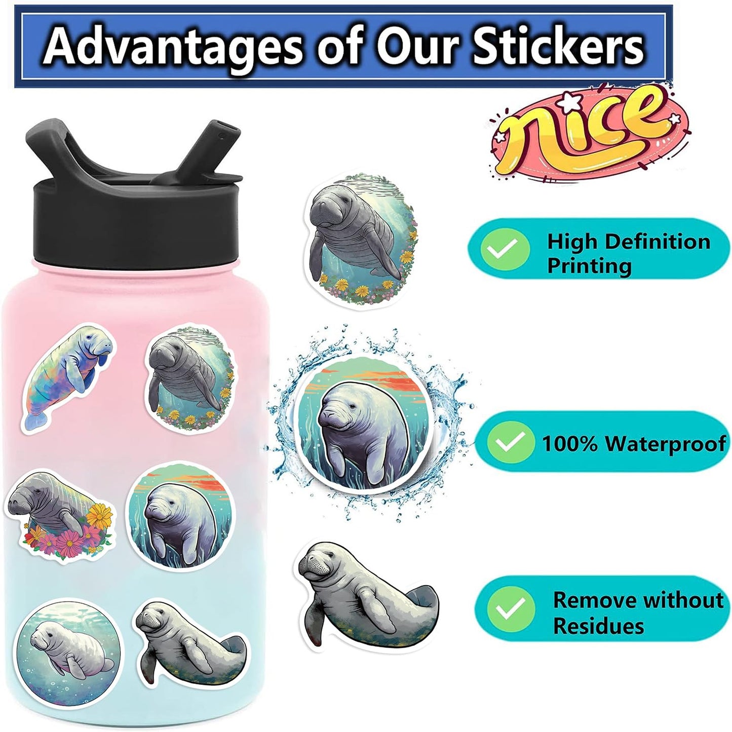 Jaurney Cute Manatee Waterproof Stickers – 50Pcs Vinyl Decals for Water Bottles & Gear