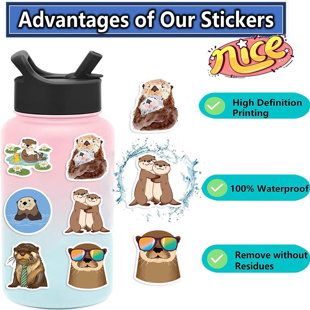 Jaurney Cute Otter Stickers – 50 Waterproof Kawaii Animals for Laptops & Water Bottles