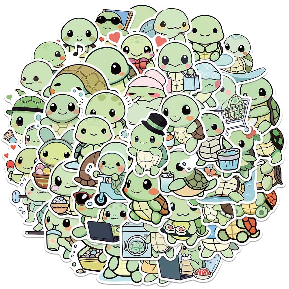 Jaurney Cute Anime Turtle Waterproof Stickers – 50Pcs Kawaii Sea Turtle Vinyl Pack for Water Bottles, Laptops