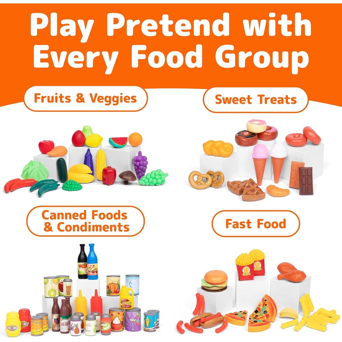 JaxoJoy 122-Piece Pretend Food Set for Kids | Realistic Kitchen Toys