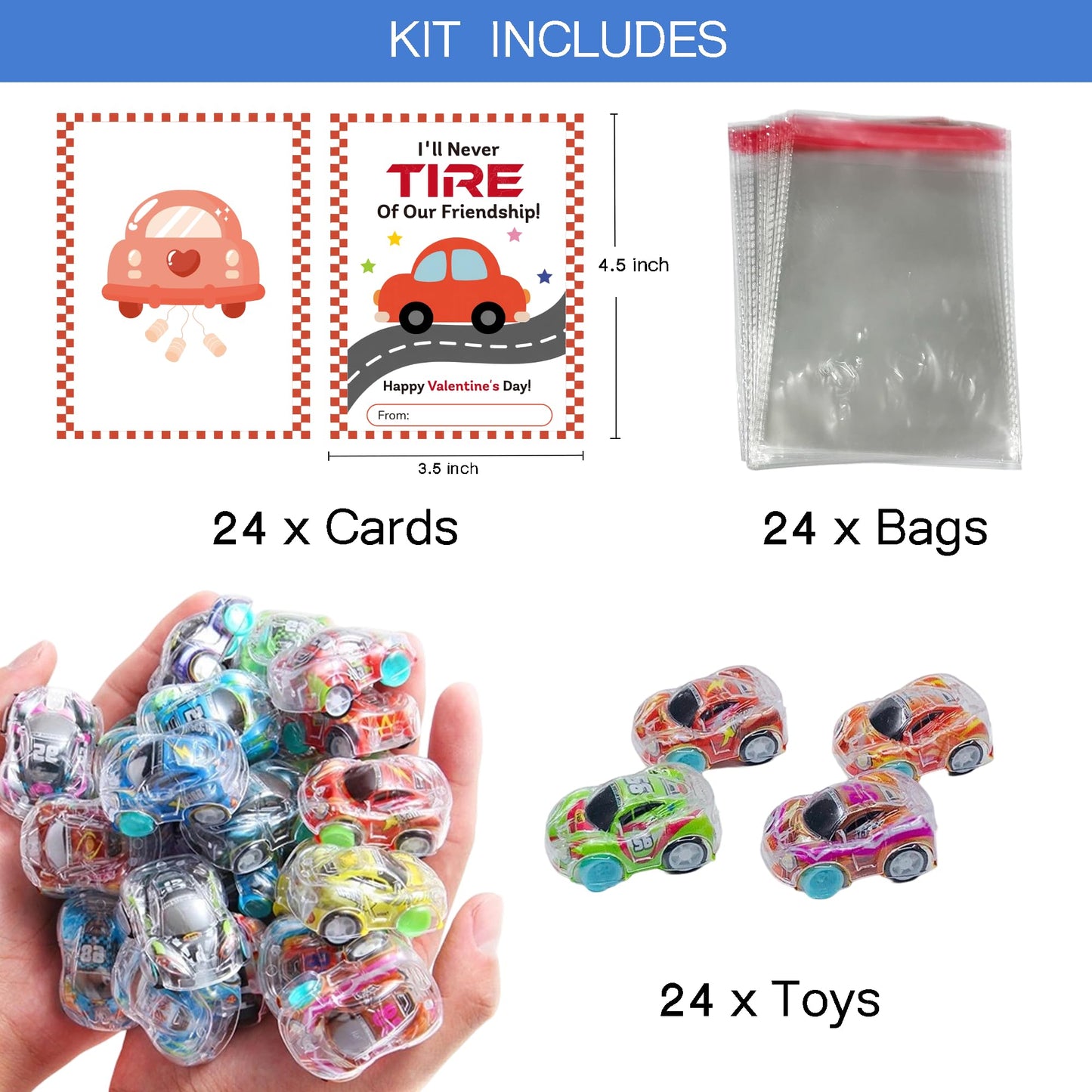 JAXXERO 24-Pack Valentines Day Cards for Kids with Mini Pull-Back Race Cars – School Exchange