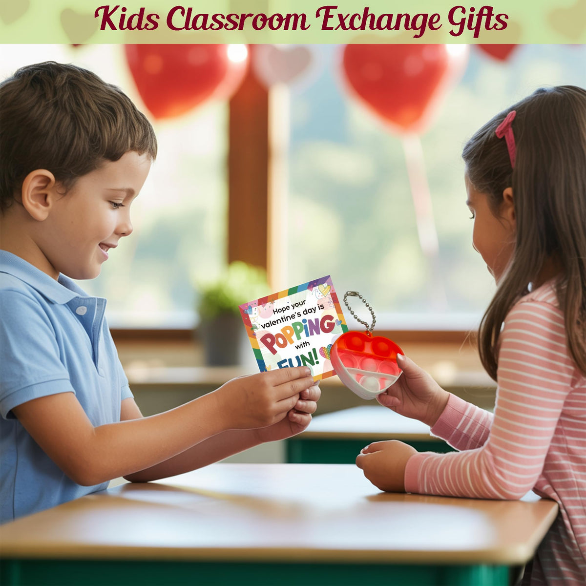 JAXXERO 24-Pack Valentines Day Cards for Kids with Pop Bubble Fidget Keychains – Candy-Free Classroom Exchange