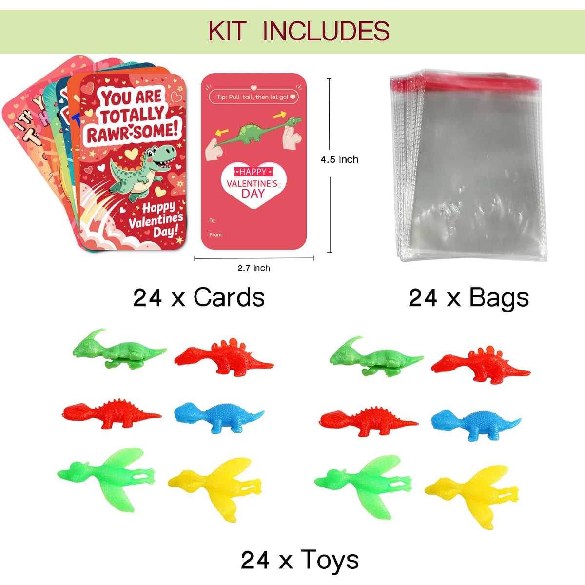 JAXXERO 24-Pack Valentines Day Cards with Slingshot Dinosaur Toys for Kids