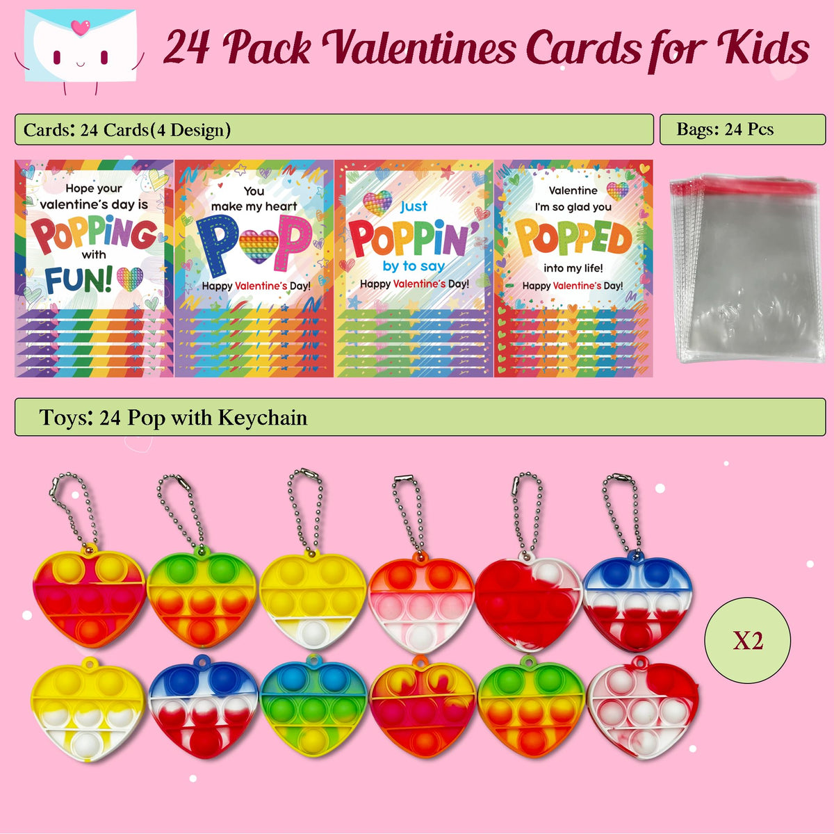 JAXXERO 24-Pack Valentines Day Cards for Kids with Pop Bubble Fidget Keychains – Candy-Free Classroom Exchange