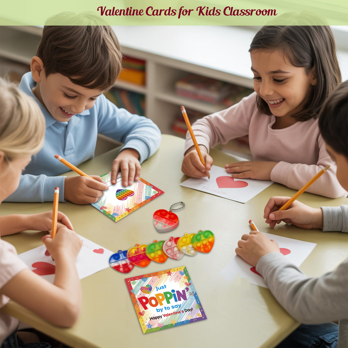 JAXXERO 24-Pack Valentines Day Cards for Kids with Pop Bubble Fidget Keychains – Candy-Free Classroom Exchange