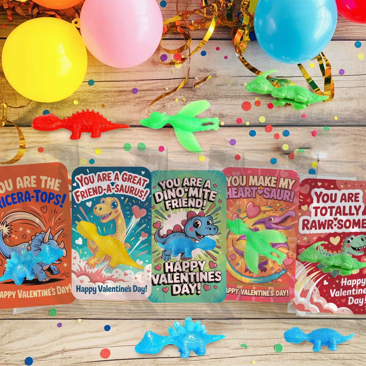 JAXXERO 24-Pack Valentines Day Cards with Slingshot Dinosaur Toys for Kids