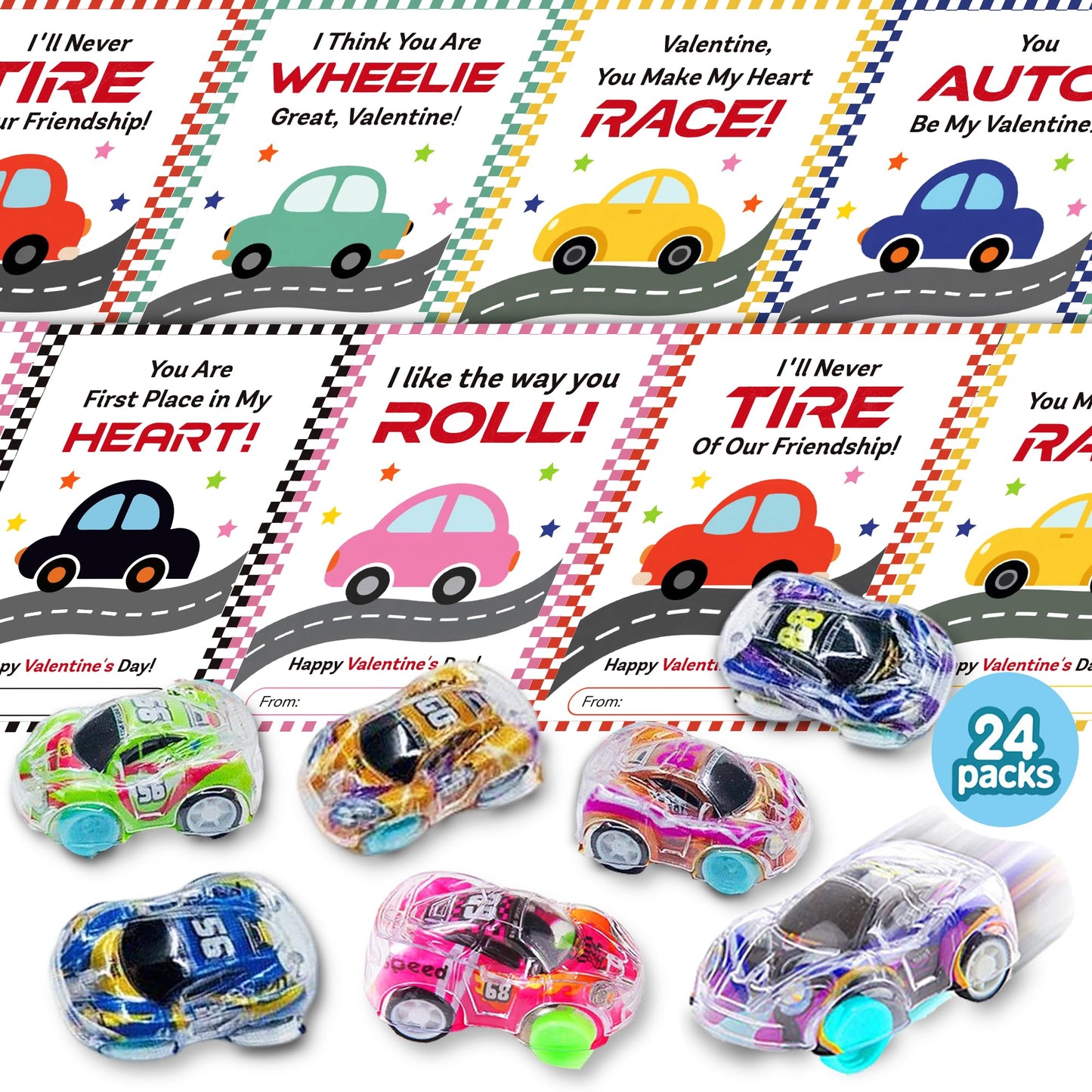 JAXXERO 24-Pack Valentines Day Cards for Kids with Mini Pull-Back Race Cars – School Exchange