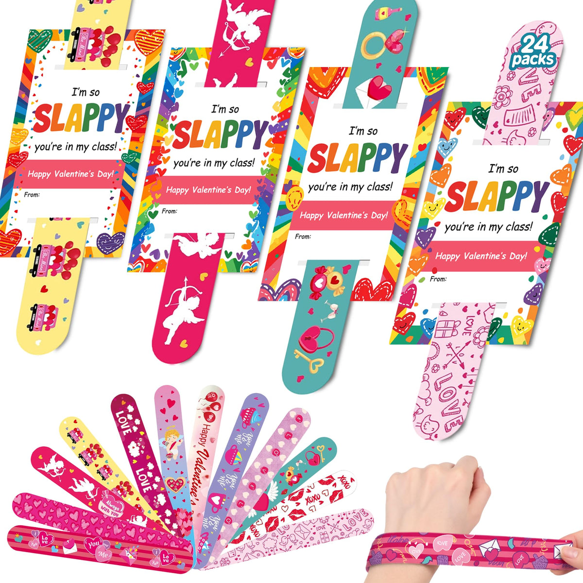 JAXXERO 24 Pack Valentines Day Cards with Slap Bracelets for Kids | Classroom Exchange