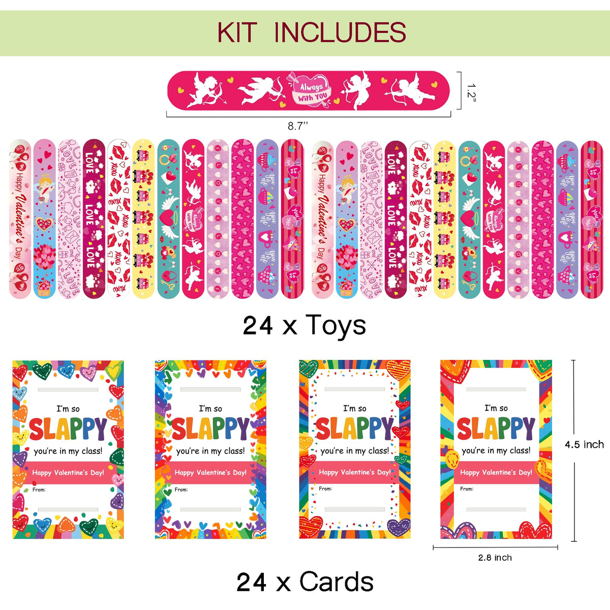 JAXXERO 24 Pack Valentines Day Cards with Slap Bracelets for Kids | Classroom Exchange
