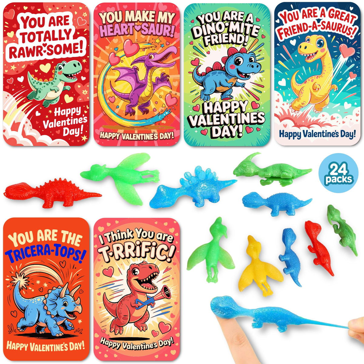 JAXXERO 24-Pack Valentines Day Cards with Slingshot Dinosaur Toys for Kids