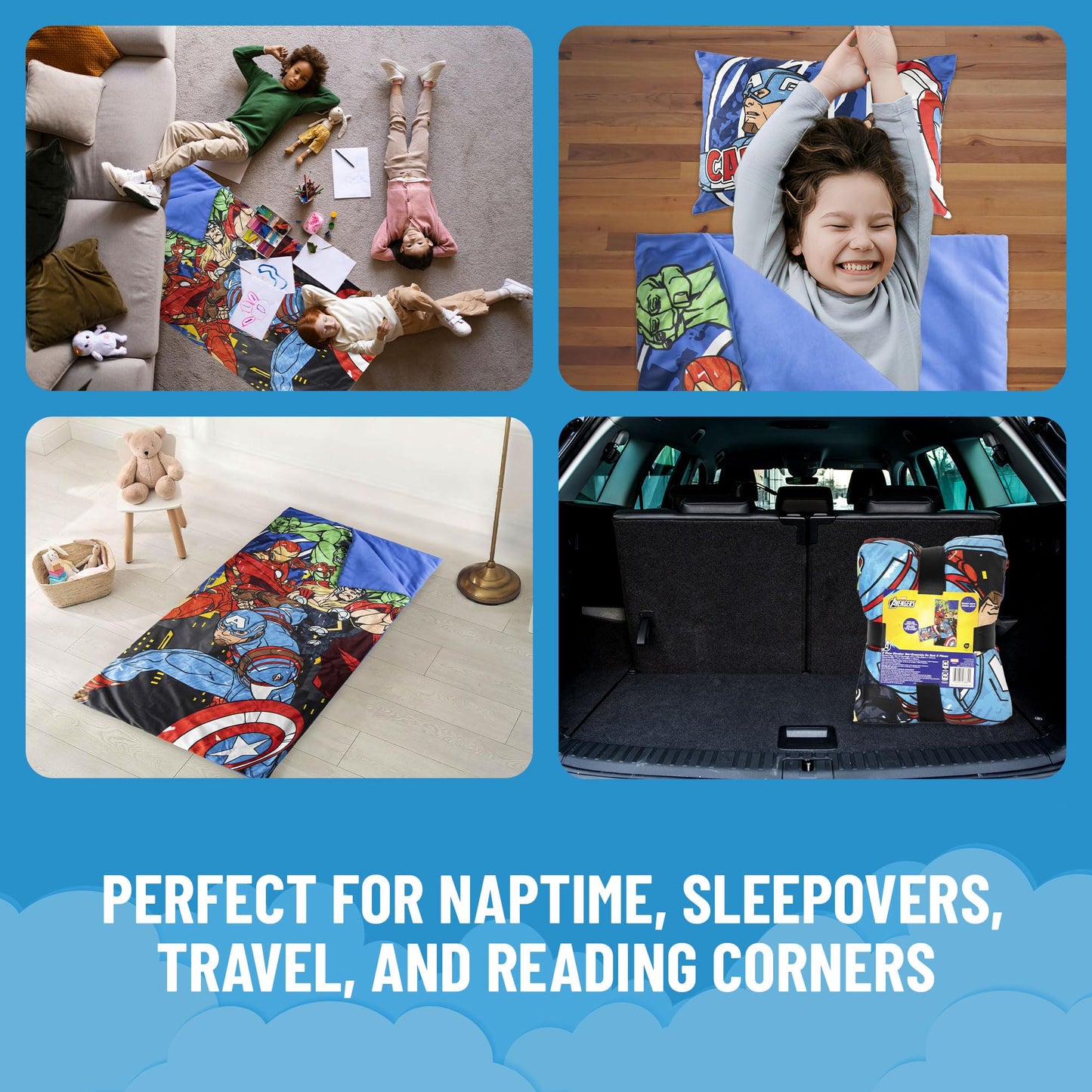 Jay Franco Avengers Slumber Bag & Pillow Set – 54x27 in Nap Mat for Sleepovers
