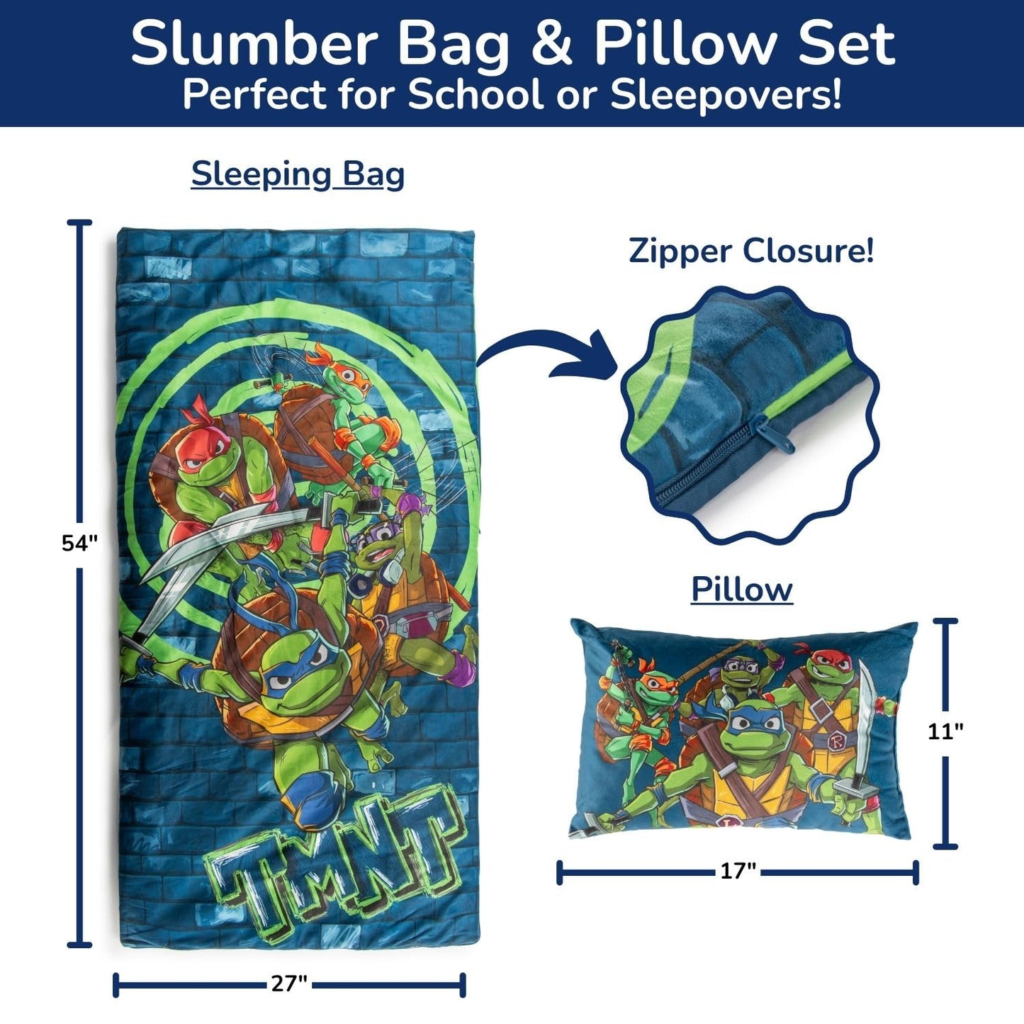Jay Franco Kids Slumber Bag & Pillow – TMNT Nap Mat 54 x 27 for Sleepovers