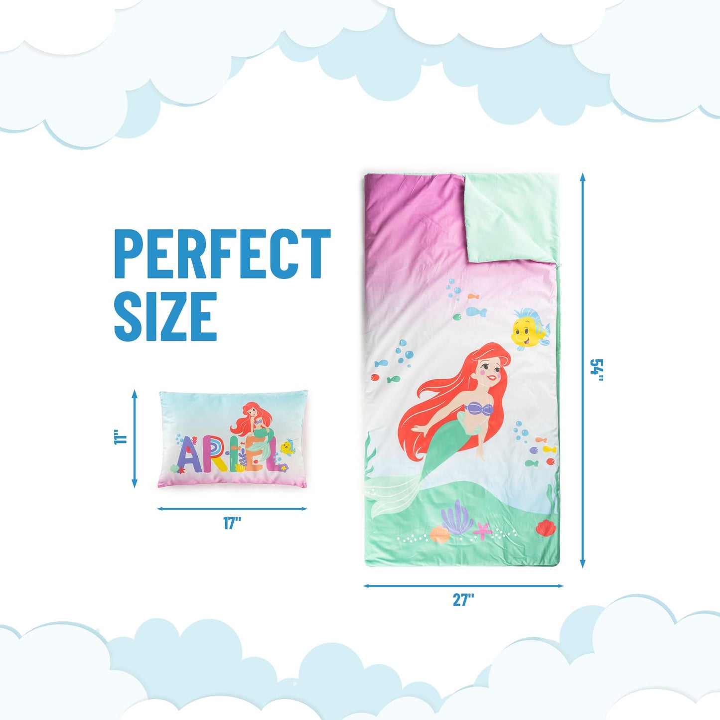 Jay Franco Kids Slumber Bag & Pillow – The Little Mermaid 54in x 27in Nap Mat for Sleepovers