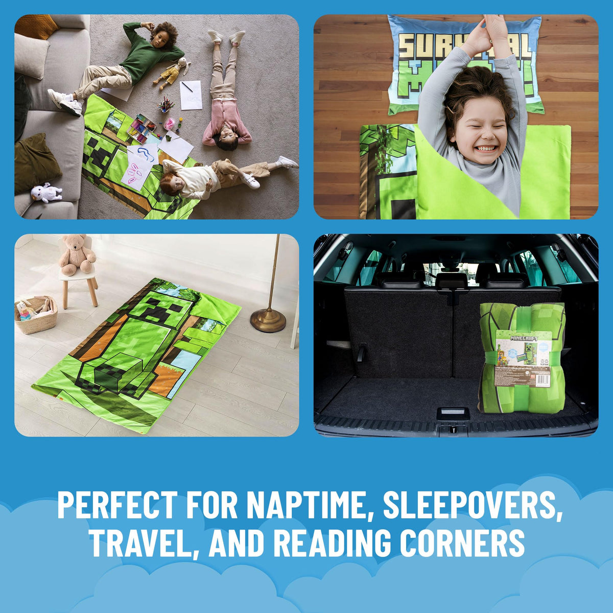 Jay Franco Kids Slumber Bag & Pillow – Minecraft Creeper 54x27 Nap Mat for Sleepovers