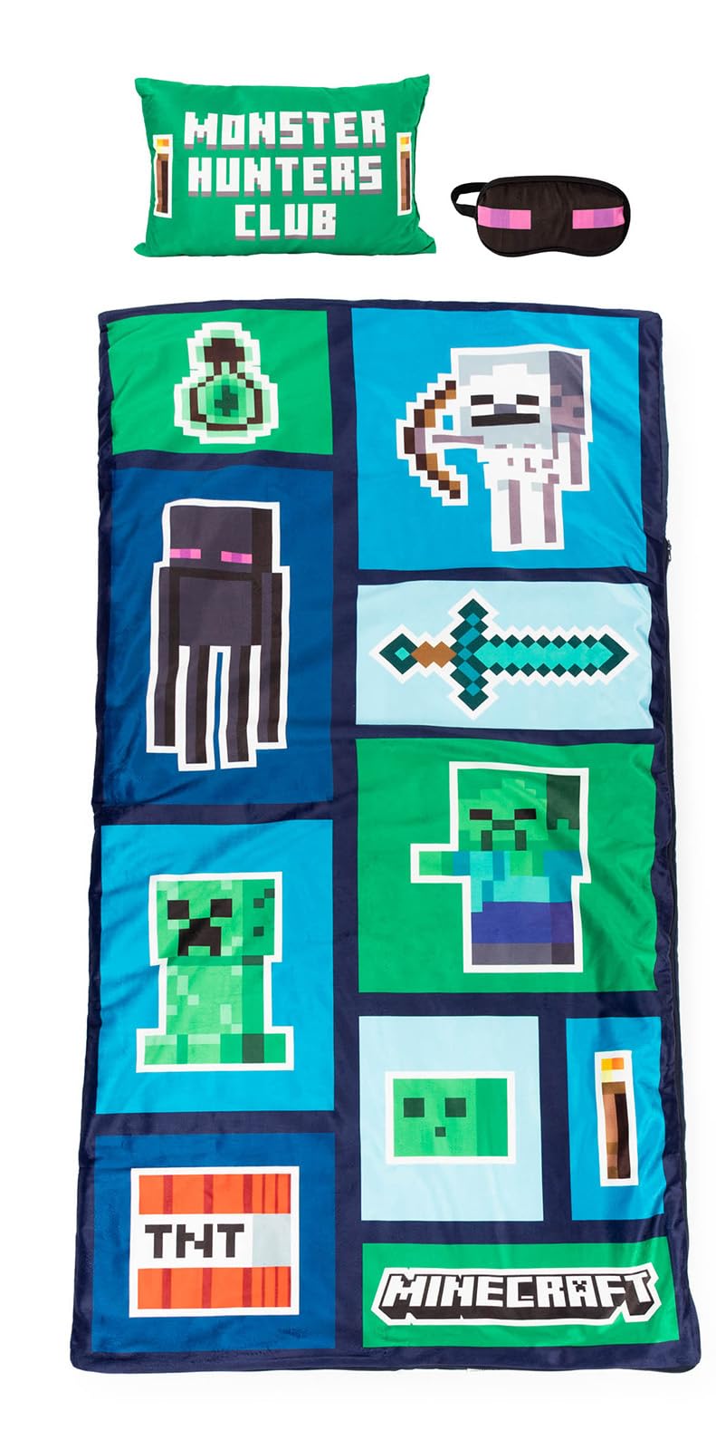 Jay Franco Minecraft Creeper 3-Piece Sleepover Set | Slumber Bag, Pillow & Eye Mask