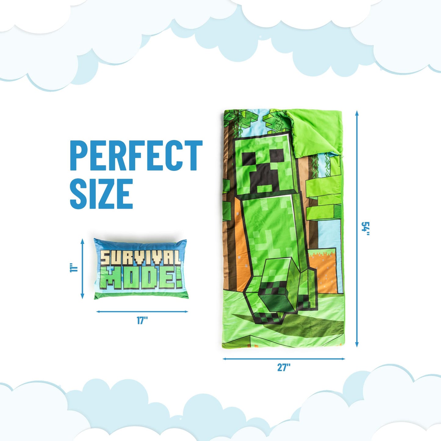 Jay Franco Kids Slumber Bag & Pillow – Minecraft Creeper 54x27 Nap Mat for Sleepovers