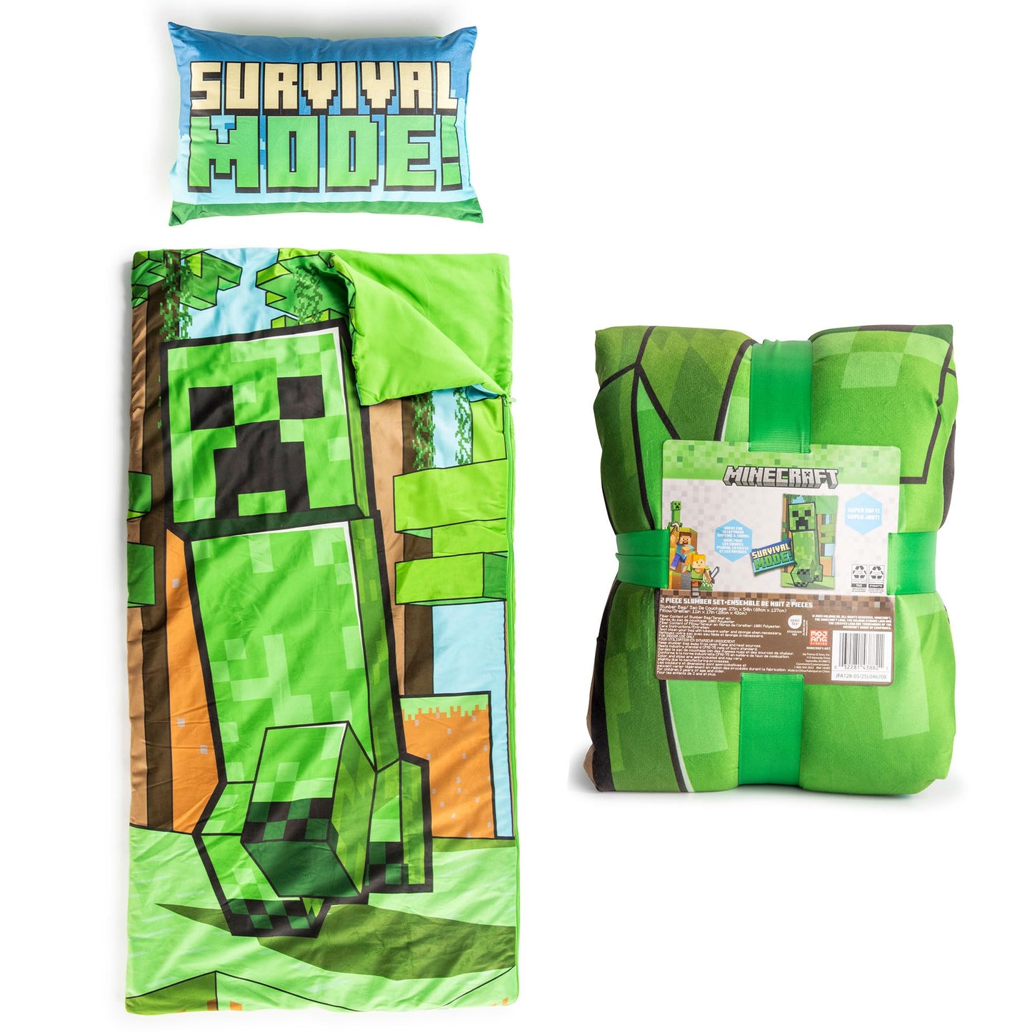 Jay Franco Kids Slumber Bag & Pillow – Minecraft Creeper 54x27 Nap Mat for Sleepovers
