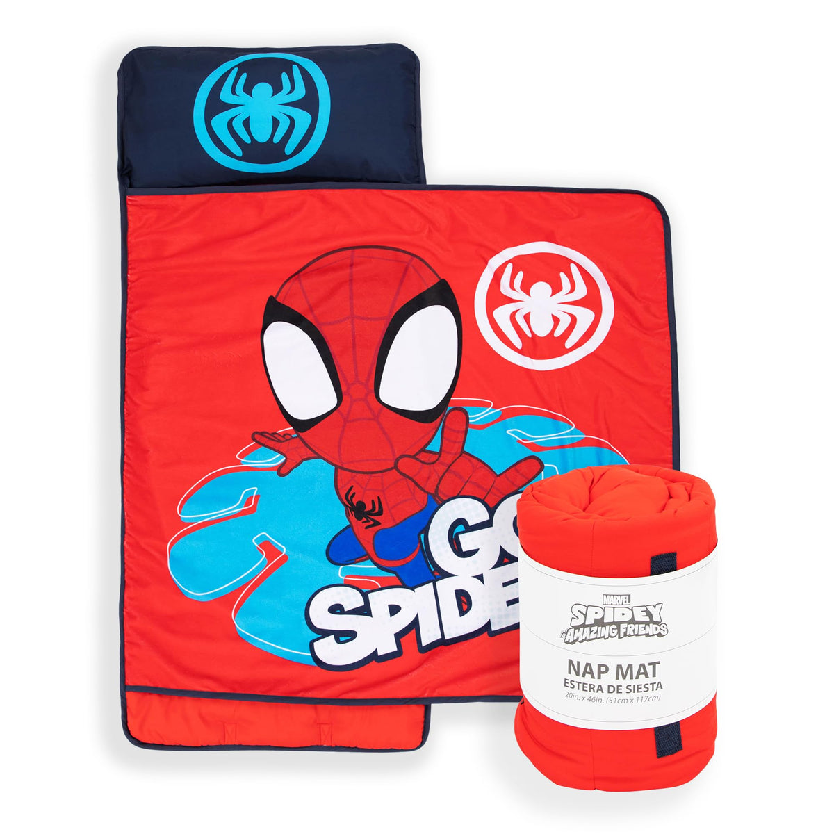 Jay Franco Spiderman Nap Mat with Embedded Pillow & Blanket – 46x20 Microfiber Sleep Sack with Name Tag & Carry Handle (Red)
