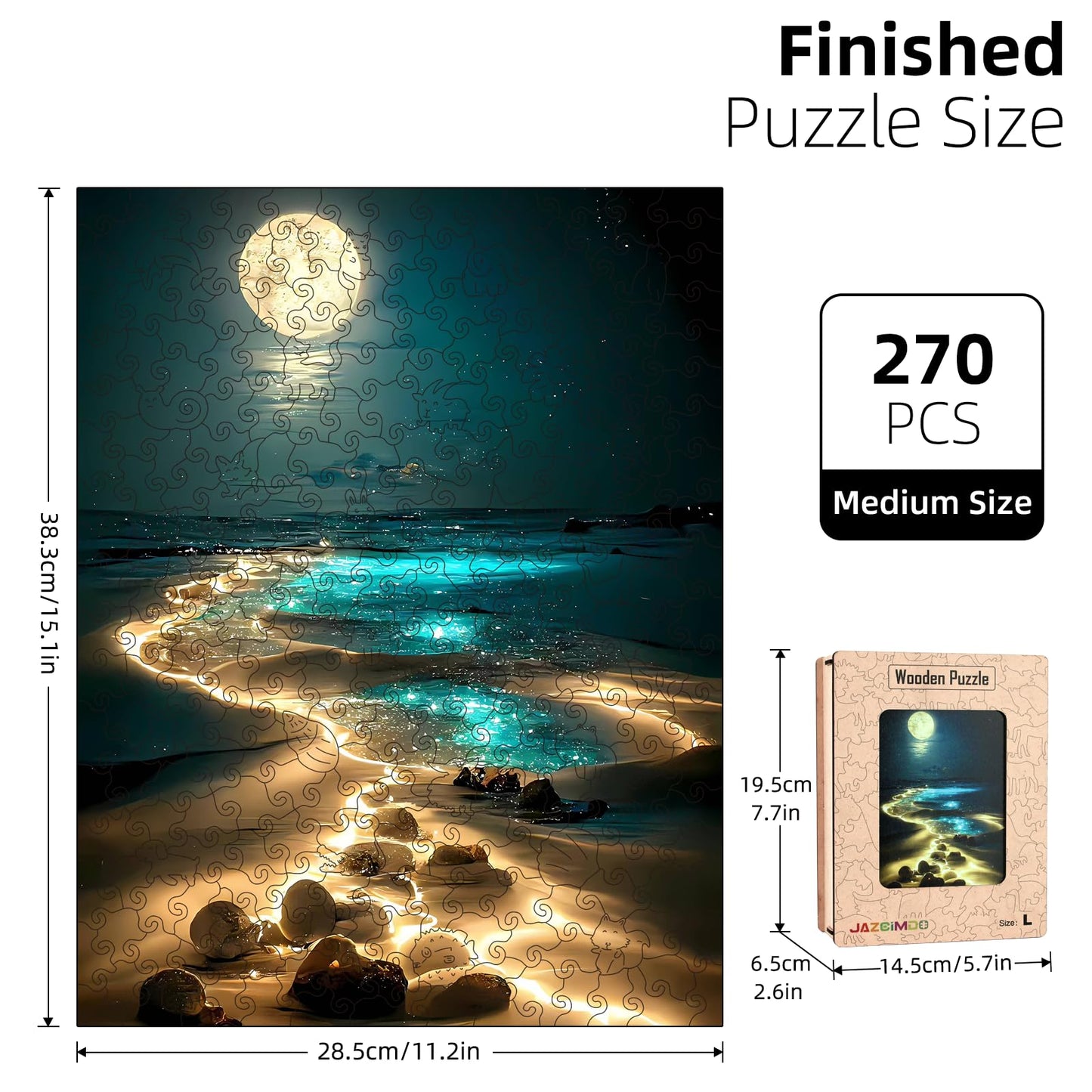 Jazcimdo Moonlight Beach Wooden Puzzle – 270-Piece Animal-Shaped Jigsaw for Adults (11.2 x 15.1 in)