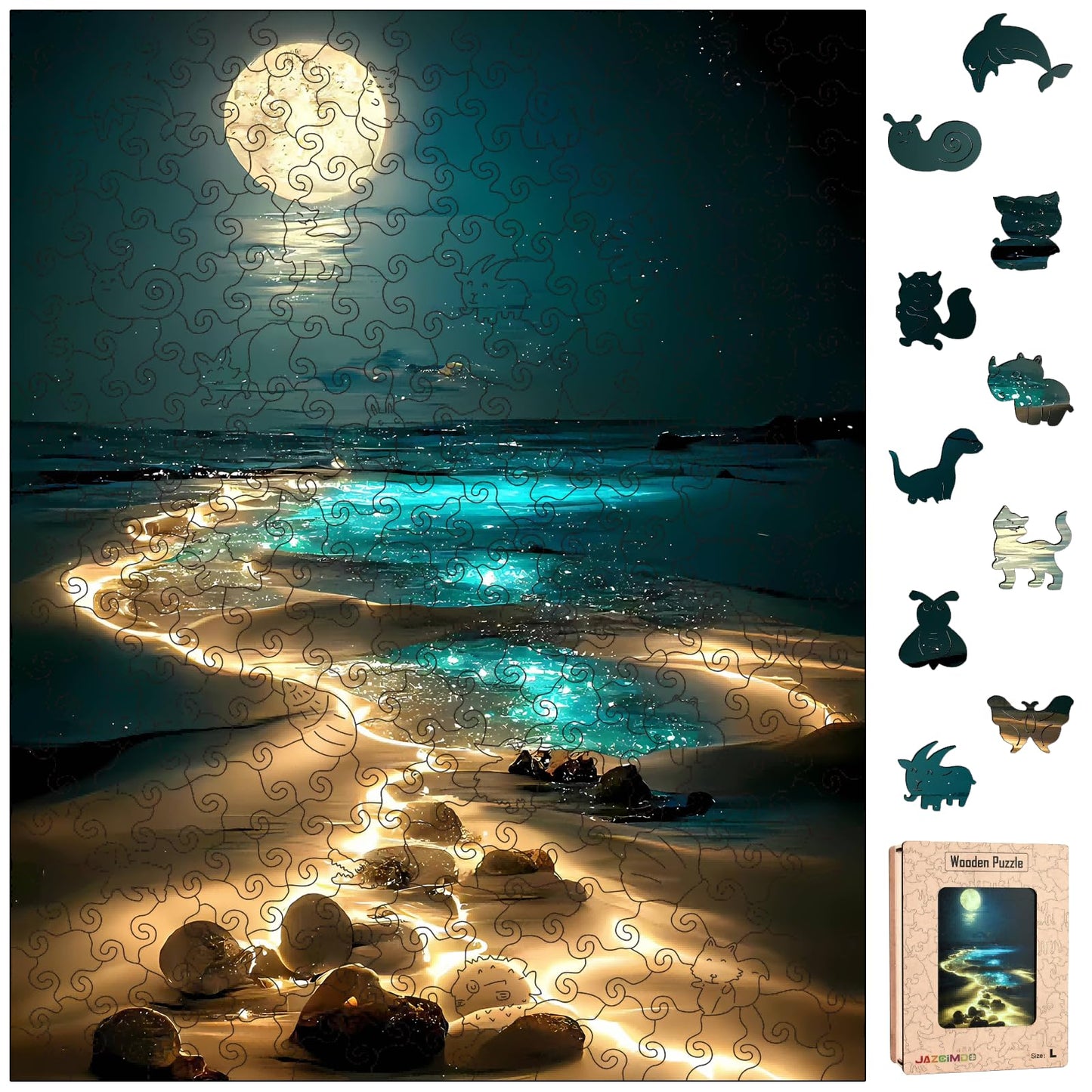 Jazcimdo Moonlight Beach Wooden Puzzle – 270-Piece Animal-Shaped Jigsaw for Adults (11.2 x 15.1 in)