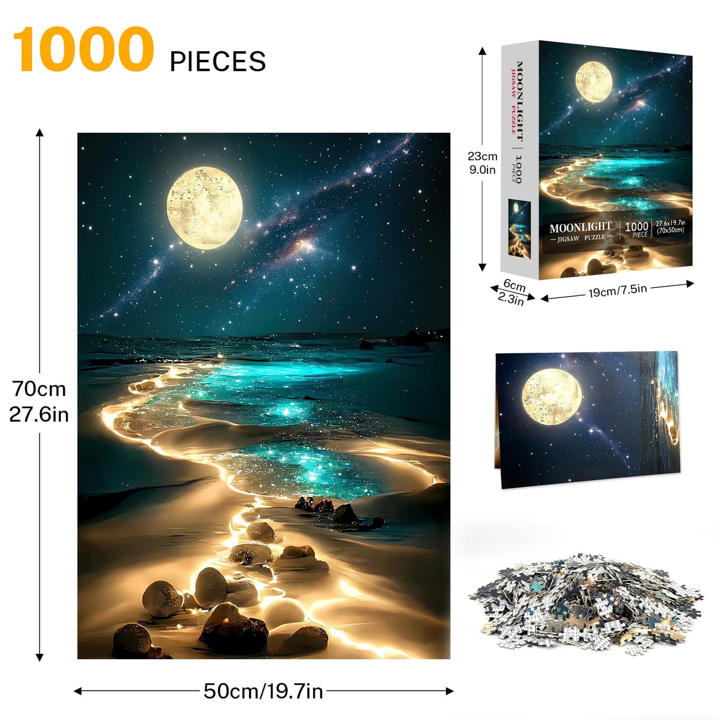 Jazcimdo Moonlight 1000-Piece Jigsaw Puzzle for Adults – Moonlit Beach Landscape