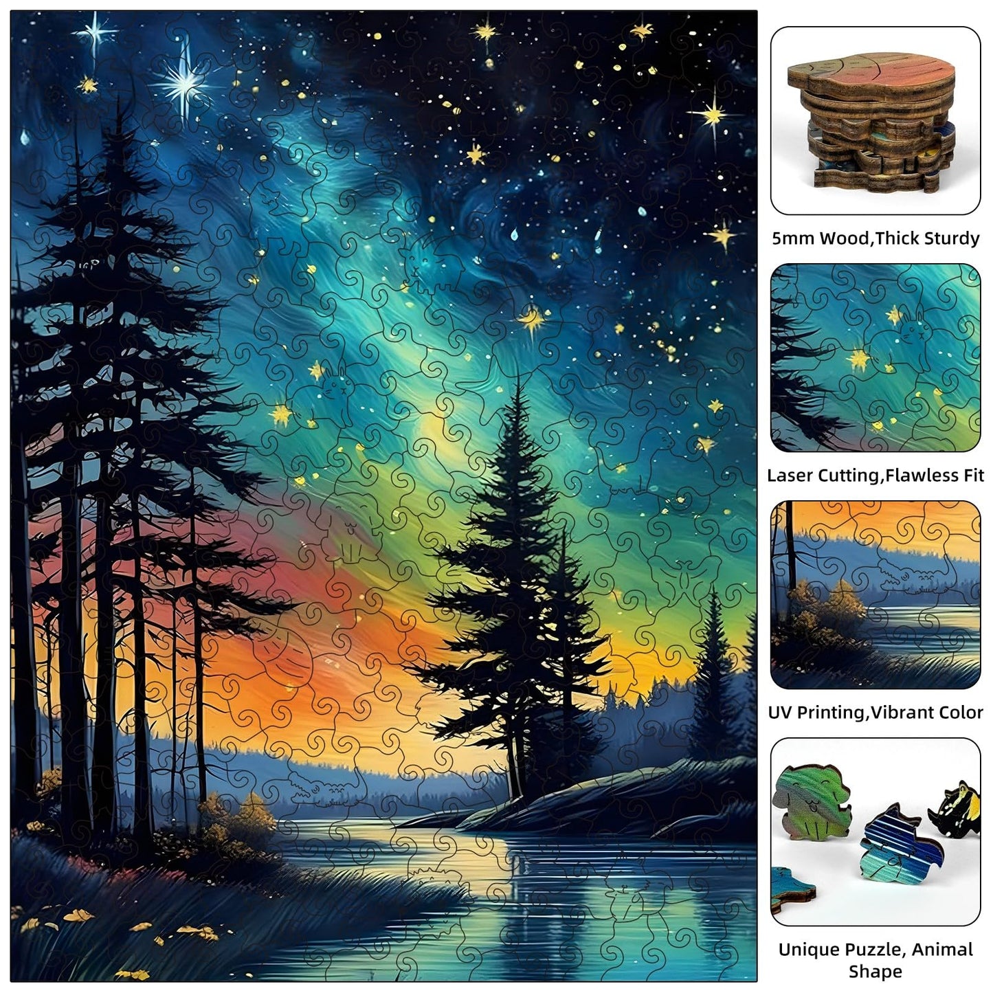 Jazcimdo Northern Lights Wooden Puzzle for Adults – 270 Pieces, Unique Animal-Shaped Jigsaw