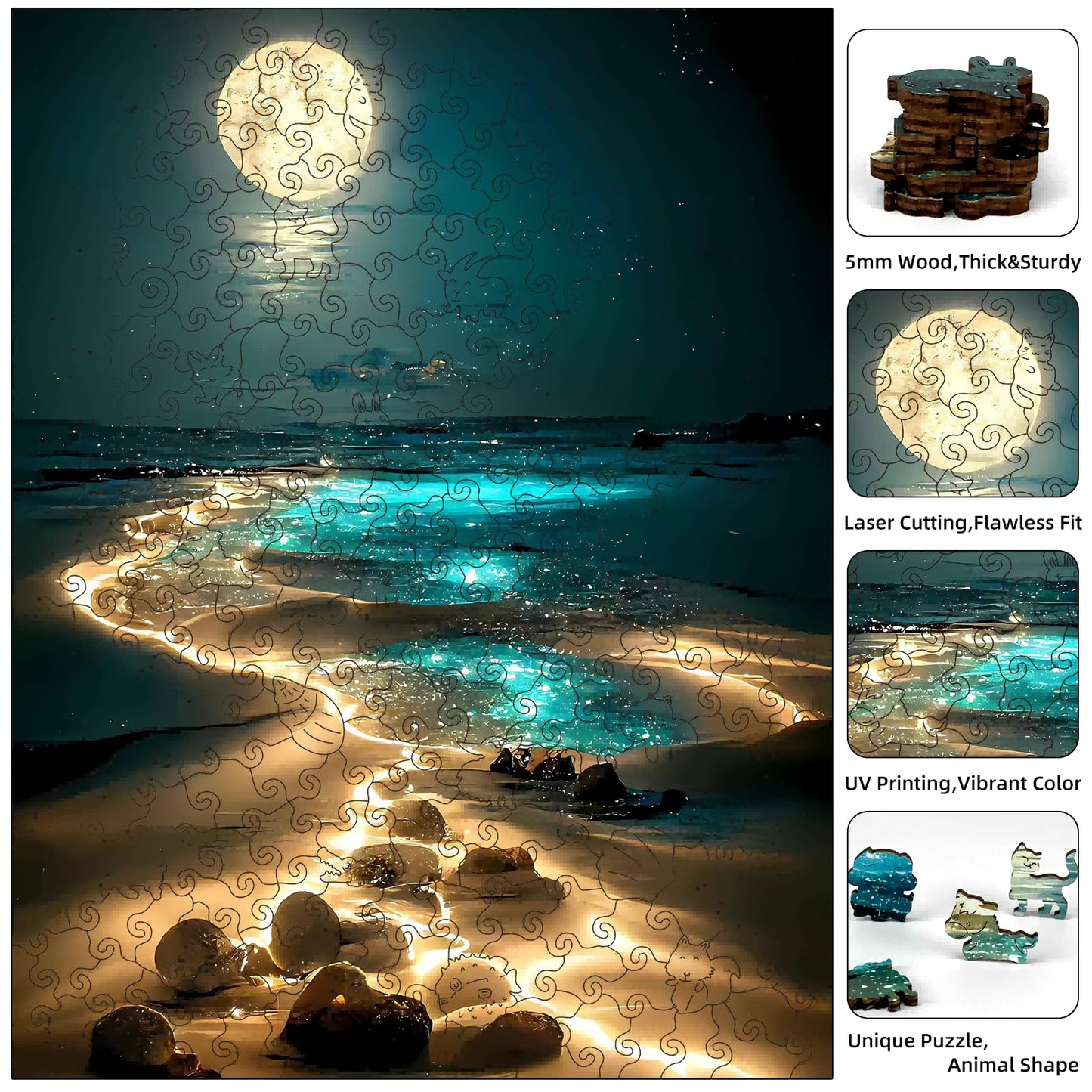 Jazcimdo Moonlight Beach Wooden Puzzle – 270-Piece Animal-Shaped Jigsaw for Adults (11.2 x 15.1 in)