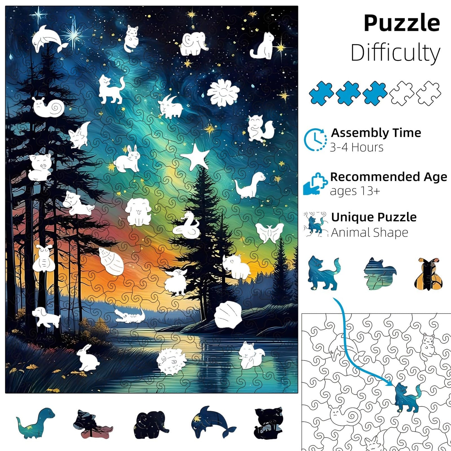 Jazcimdo Northern Lights Wooden Puzzle for Adults – 270 Pieces, Unique Animal-Shaped Jigsaw