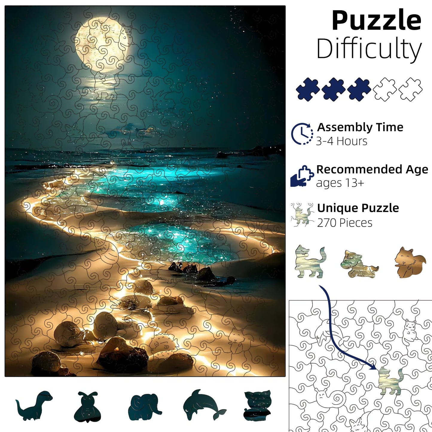 Jazcimdo Moonlight Beach Wooden Puzzle – 270-Piece Animal-Shaped Jigsaw for Adults (11.2 x 15.1 in)