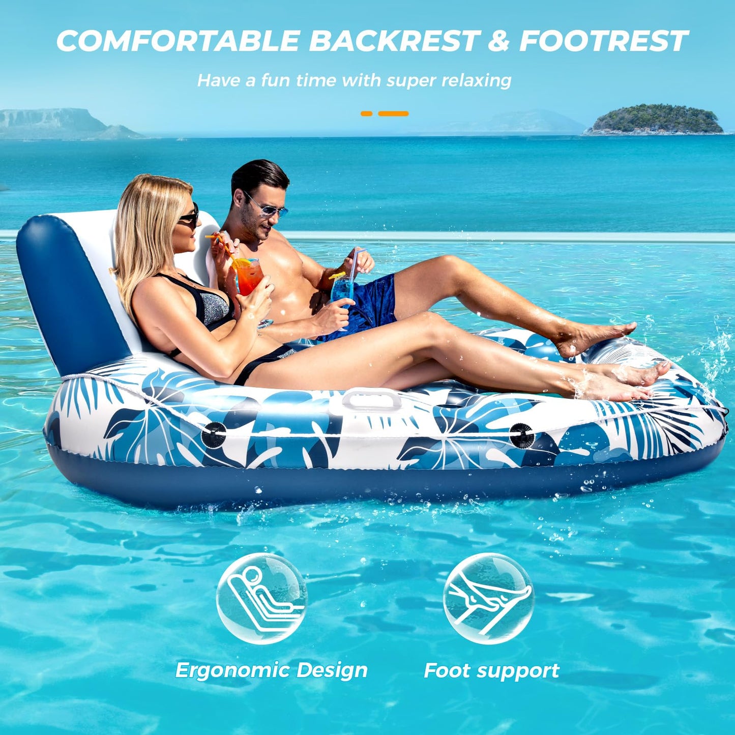 JCLEAL 2-Person Pool Float Lounger with Backrest, Cup Holders & Footrest