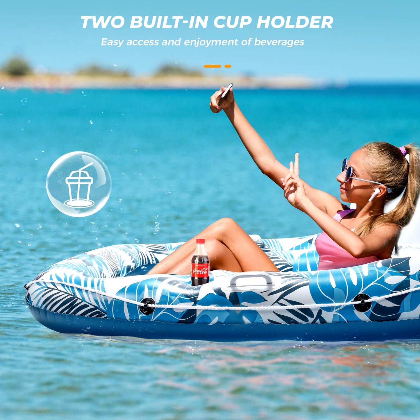 JCLEAL 2-Person Pool Float Lounger with Backrest, Cup Holders & Footrest