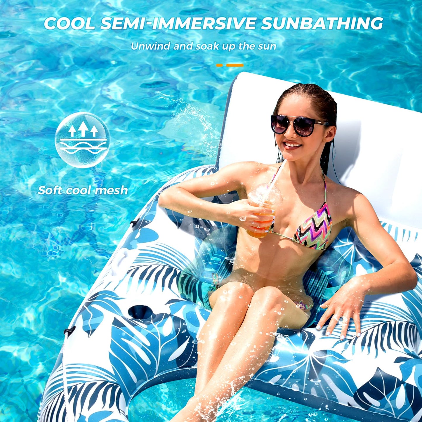 JCLEAL 2-Person Pool Float Lounger with Backrest, Cup Holders & Footrest