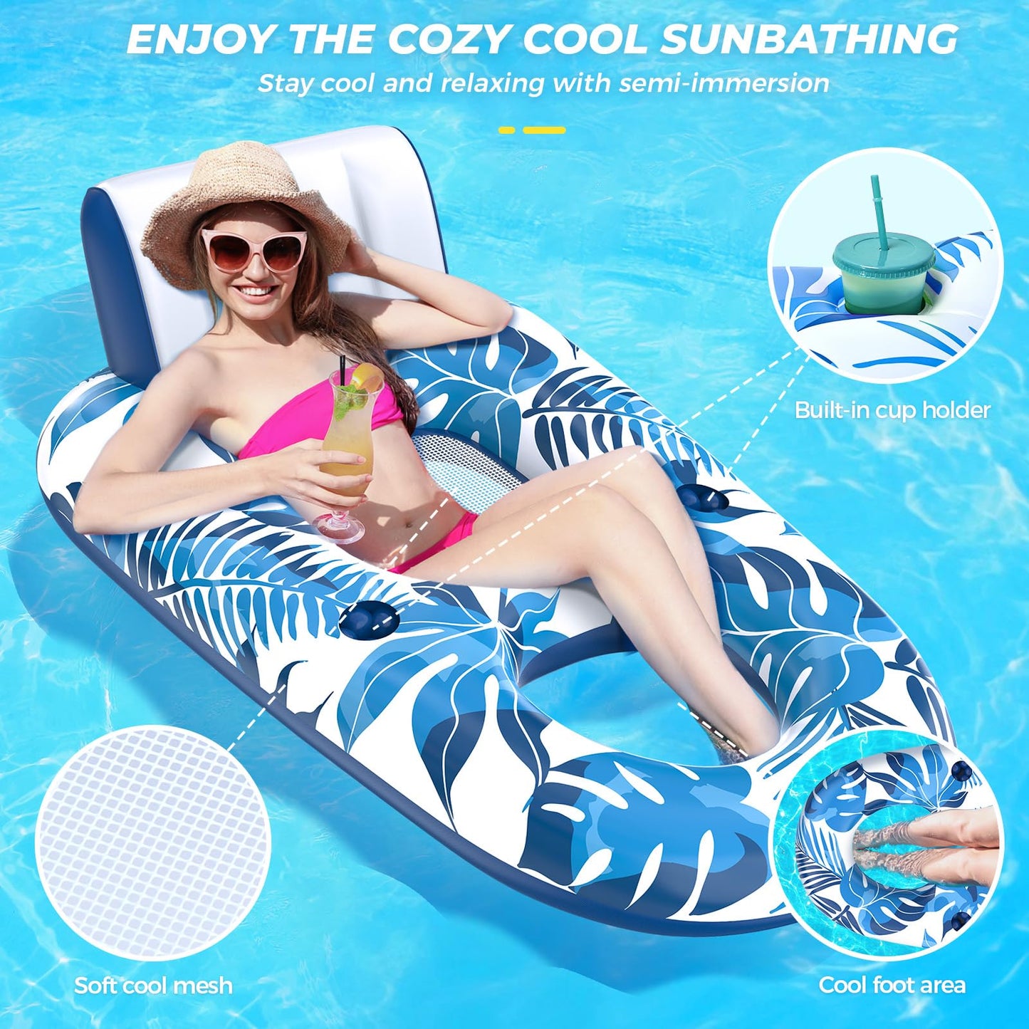 JCLEAL Pool Floats Lounger — Extra Large Inflatable Pool Chair with Backrest & Cup Holders