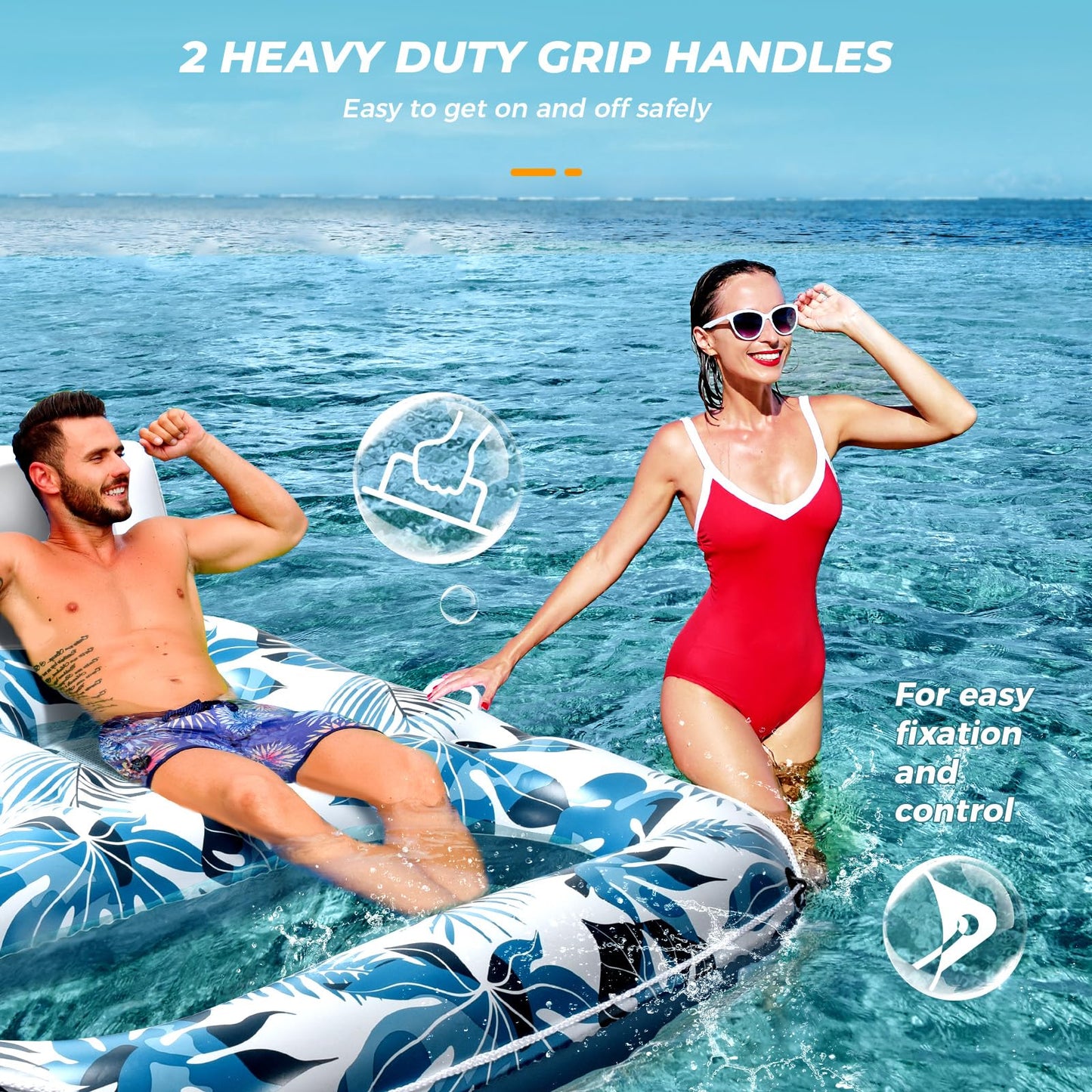 JCLEAL 2-Person Pool Float Lounger with Backrest, Cup Holders & Footrest