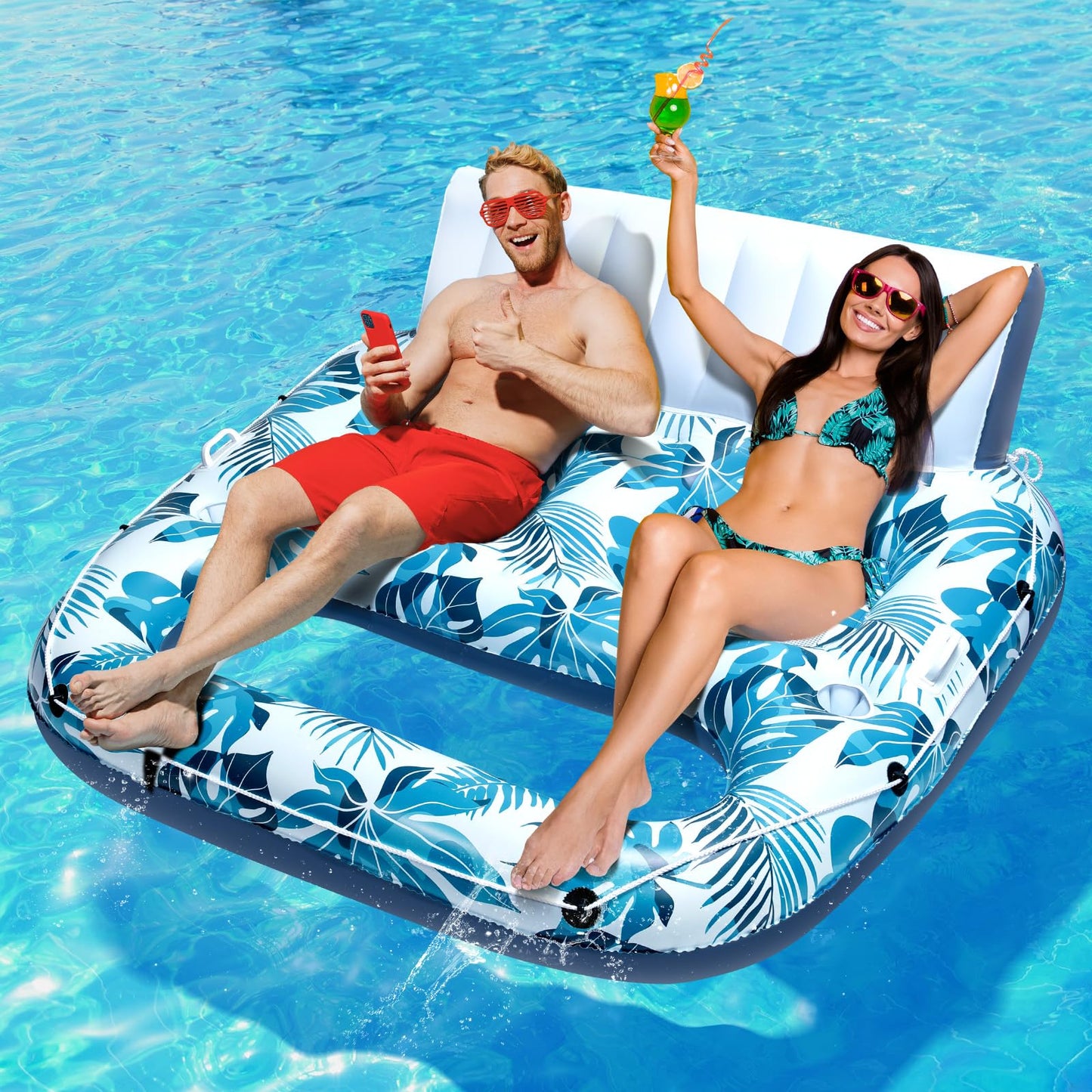 JCLEAL 2-Person Pool Float Lounger with Backrest, Cup Holders & Footrest