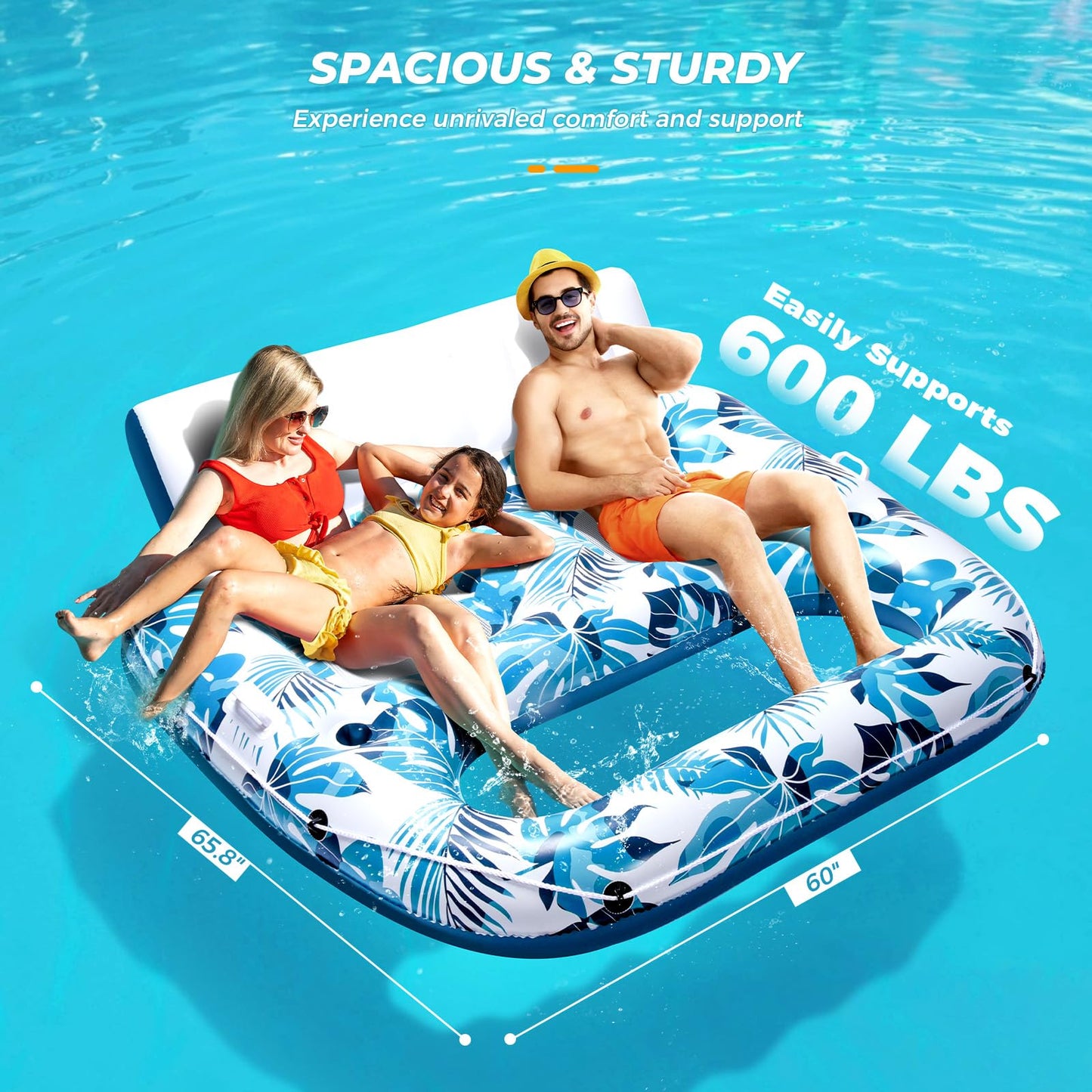JCLEAL 2-Person Pool Float Lounger with Backrest, Cup Holders & Footrest