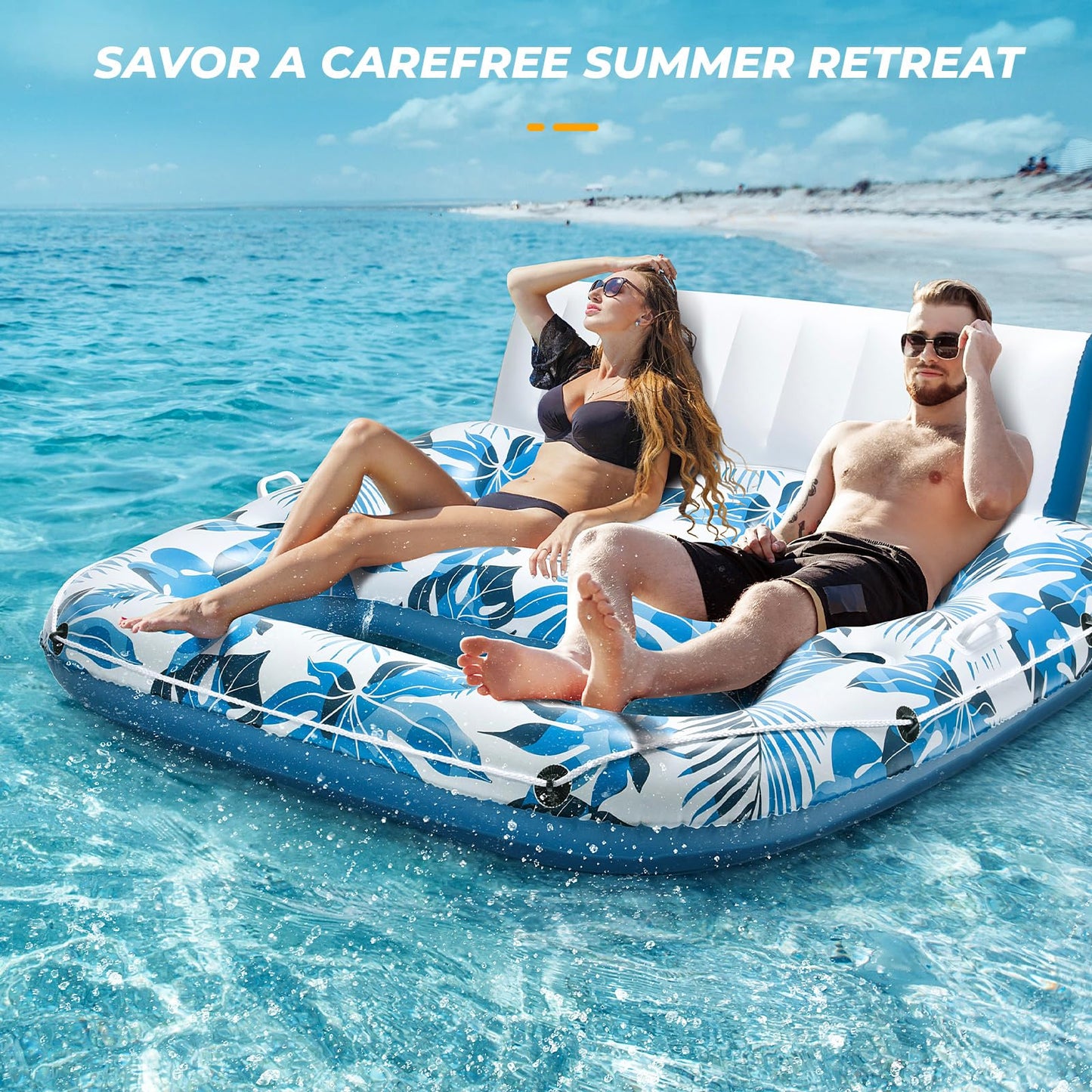 JCLEAL 2-Person Pool Float Lounger with Backrest, Cup Holders & Footrest